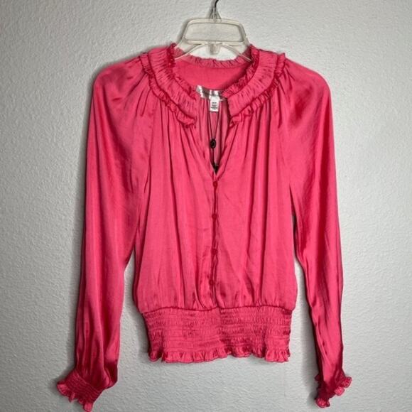 NEW Catherine Malandrino X-Small Silky Long Sleeve Ruffle Blouse Tango Pink - Picture 1 of 15